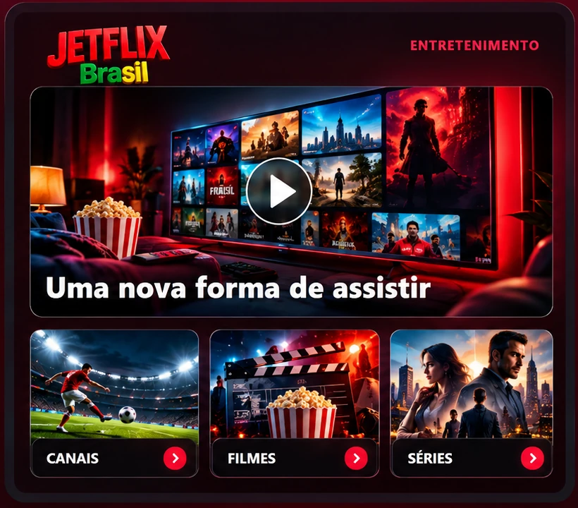 Vitrine JetFlix com ambiente de cinema, canais esportivos, filmes e séries